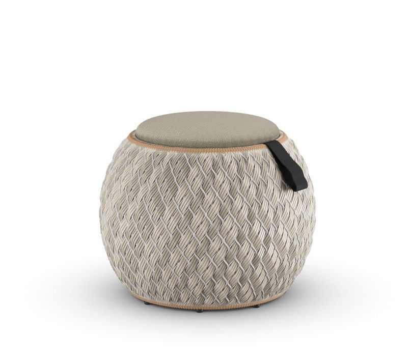Dala Hocker von Dedon, Ø60cm, beige geflochten mit Sitzkissen und Tragegriff. Outdoor Hocker.