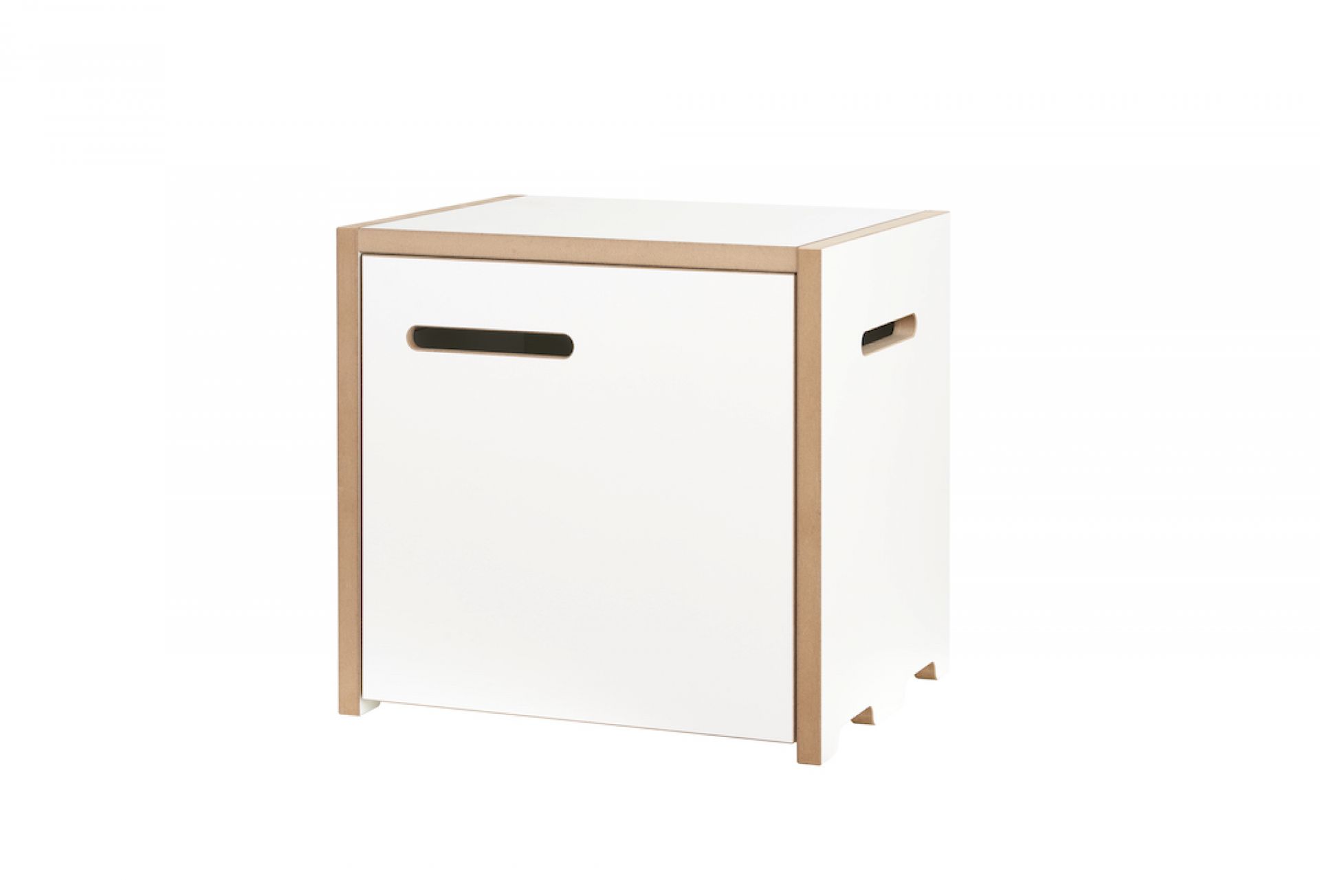 Tojo Halbstark Regal Grundmodul mit Tür rechts, weißes Holzregal mit Griffloch, Stauraum.