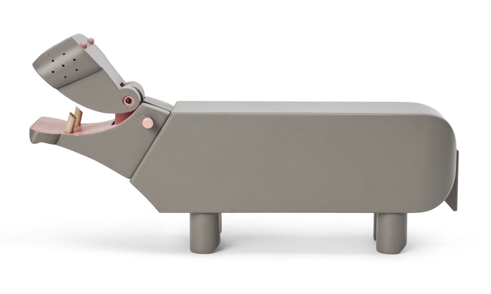 Graues Holz-Flusspferd von Kay Bojesen, 9 cm hoch, mit offenem Maul und Stoßzähnen.