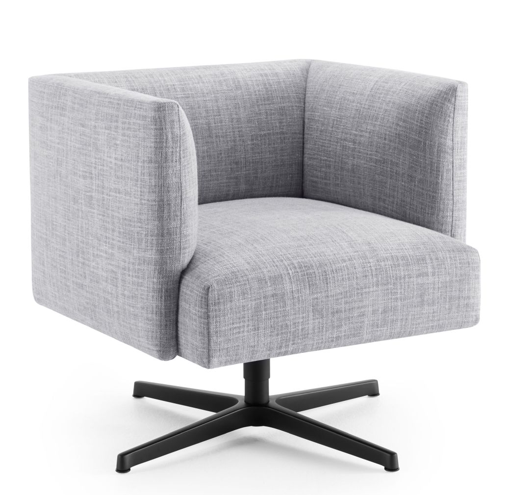 Muud Lite Sessel von Walter Knoll, grauer Stoffbezug, drehbarer Fuß in Schwarz. Loungesessel für Wohnzimmer.