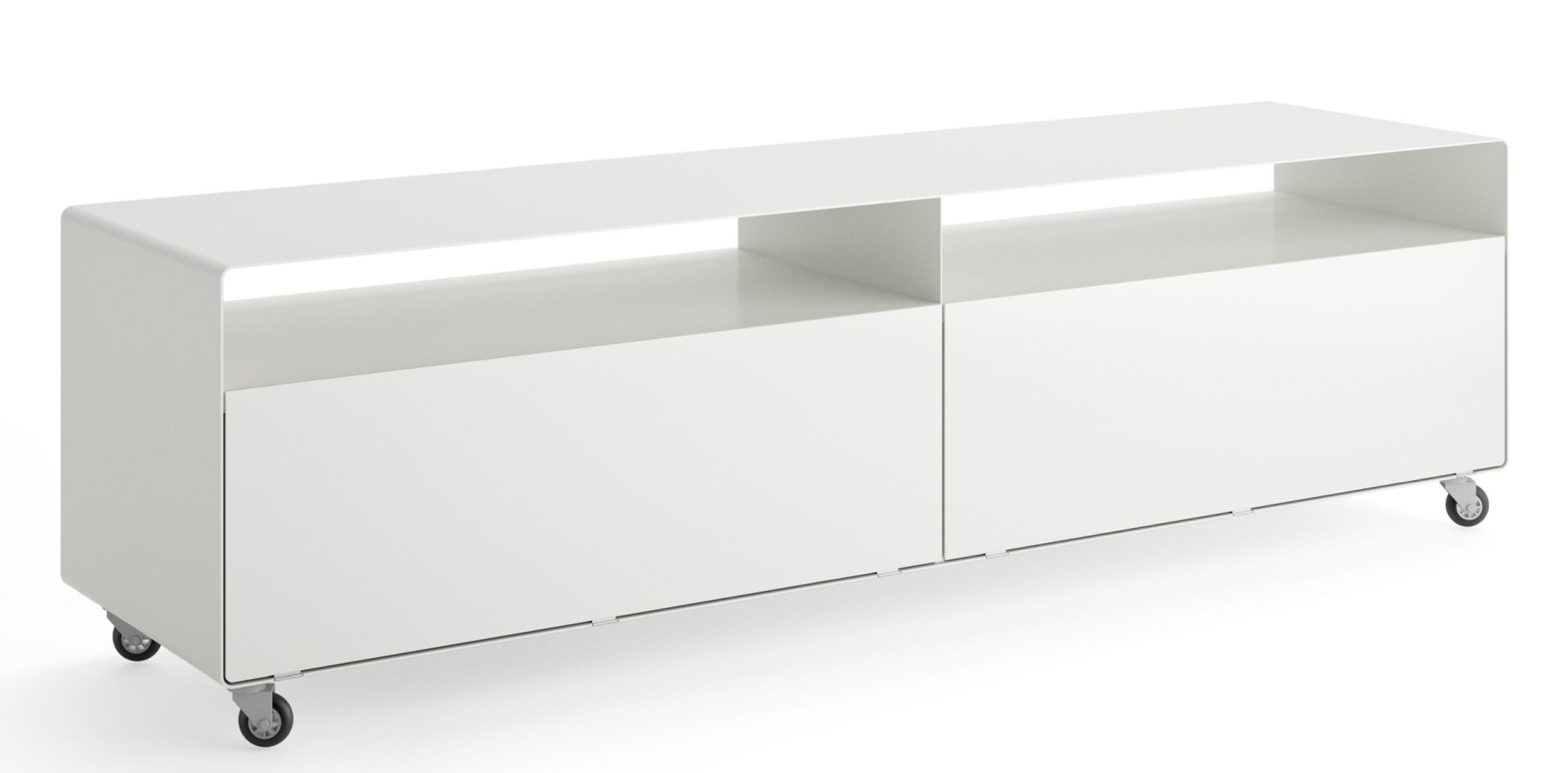 Weißes R110 Sideboard von Müller Möbelfabrikation mit Rollen, modernes Design für Wohnzimmer und Büro.