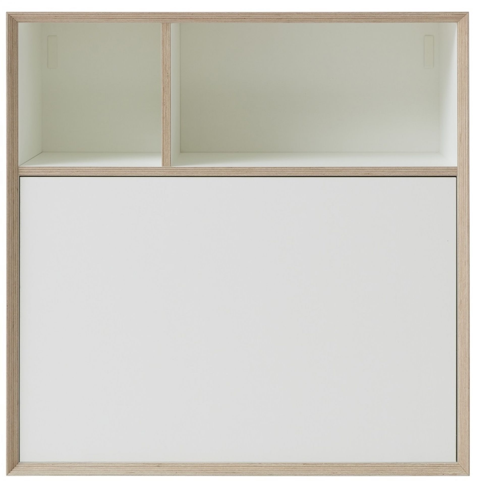 Vertiko Ply Five Wandsekretär von Müller Möbelwerkstätten, weißes Regal mit zwei Fächern und Klappe.