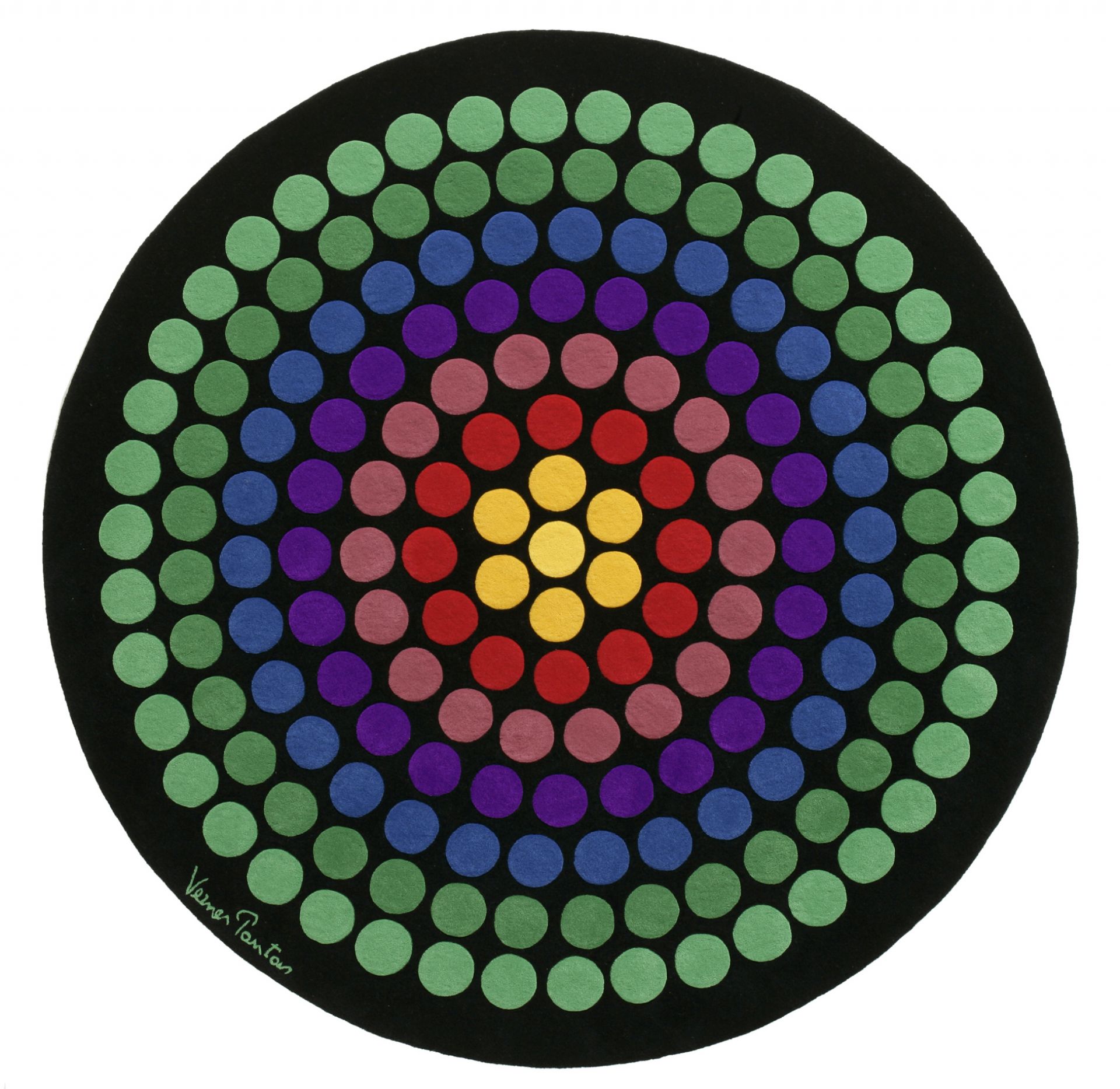 Runder Panton Teppich mit farbenfrohem Punktmuster auf schwarzem Grund. Designercarpets Teppich für Wohnraum.