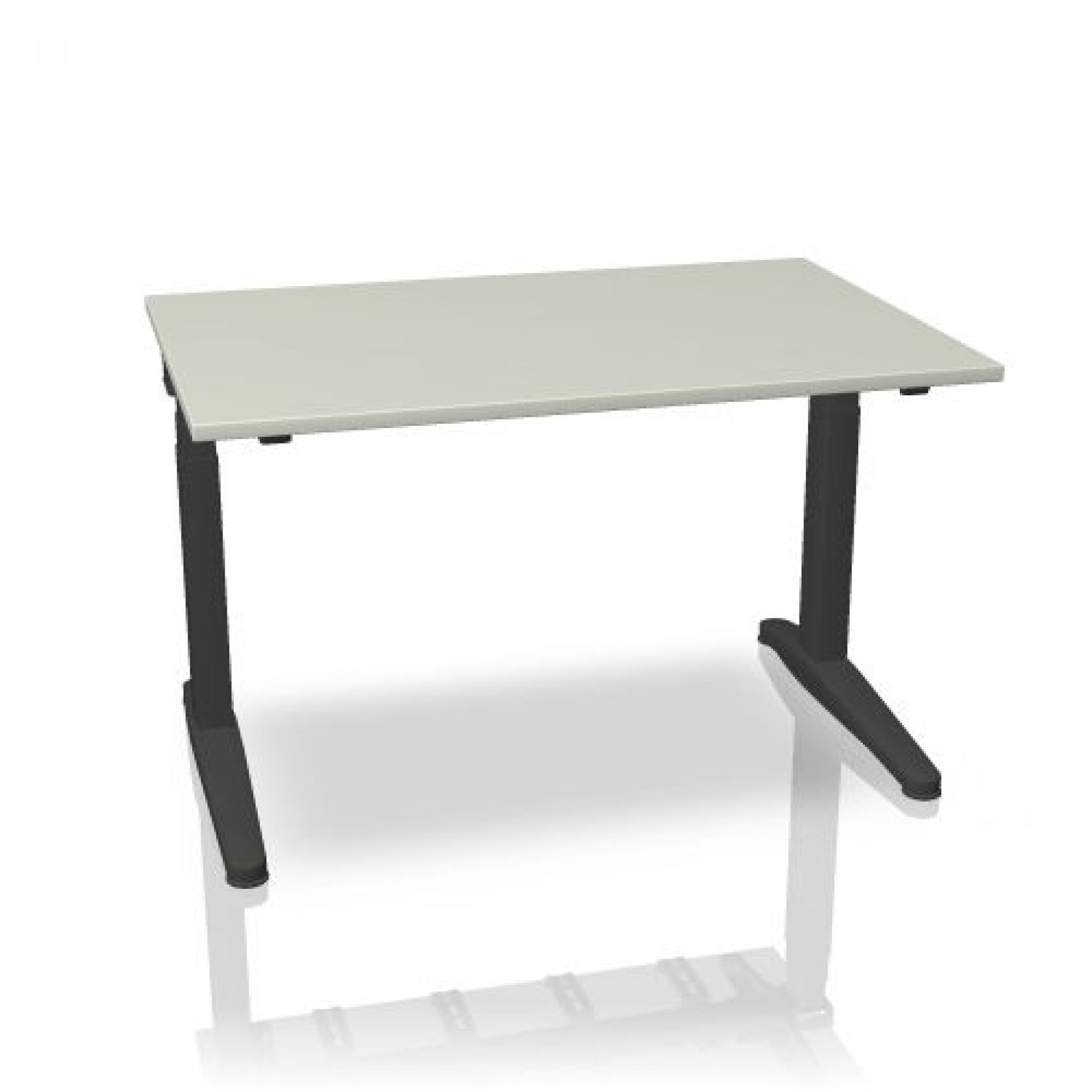 Steelcase Ology Sitz-Steh-Tisch mit hellgrauer Tischplatte und dunklem Gestell für ergonomisches Arbeiten.