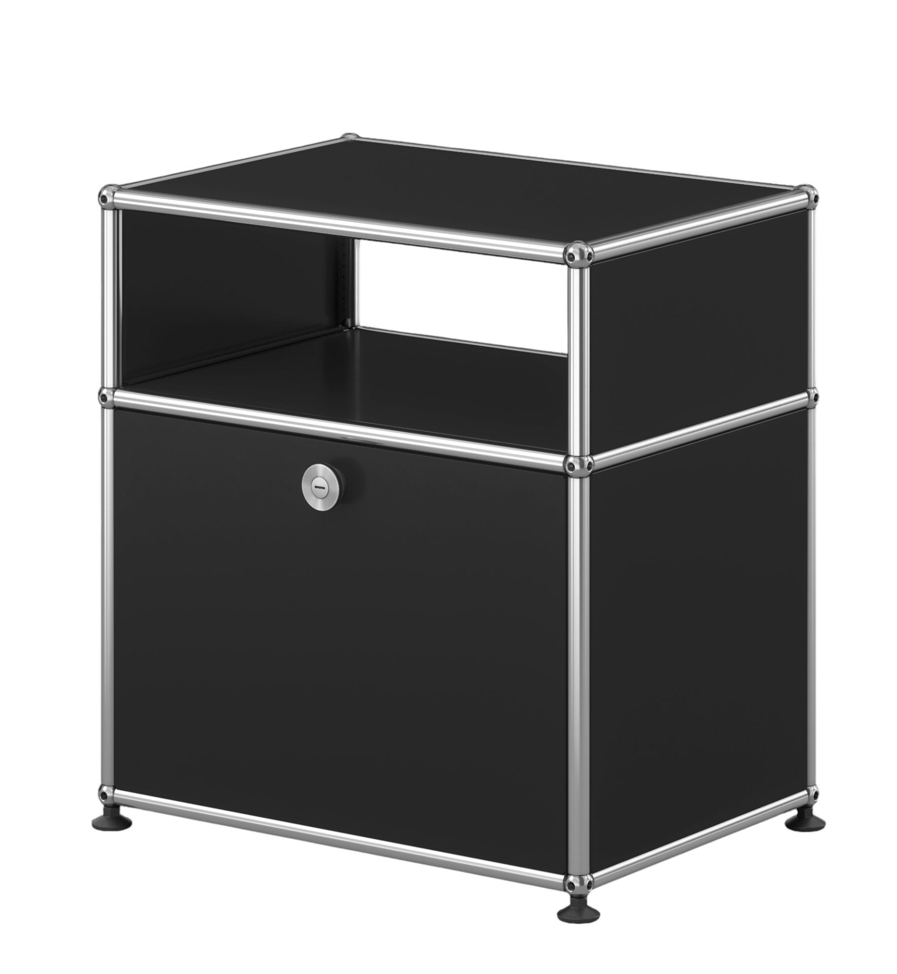 Schwarzer USM Haller Nachttisch mit Klapptür und offenem Fach, modernes Schlafzimmermöbel.