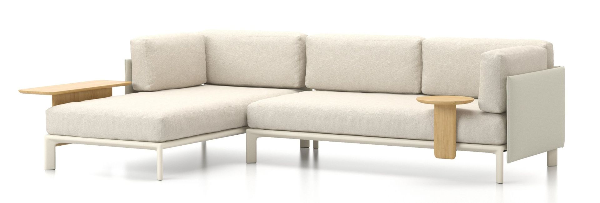 Anagram Chaise Longue Sofa von Vitra in Beige mit Holzablagen, modernes Wohnzimmer Sofa.