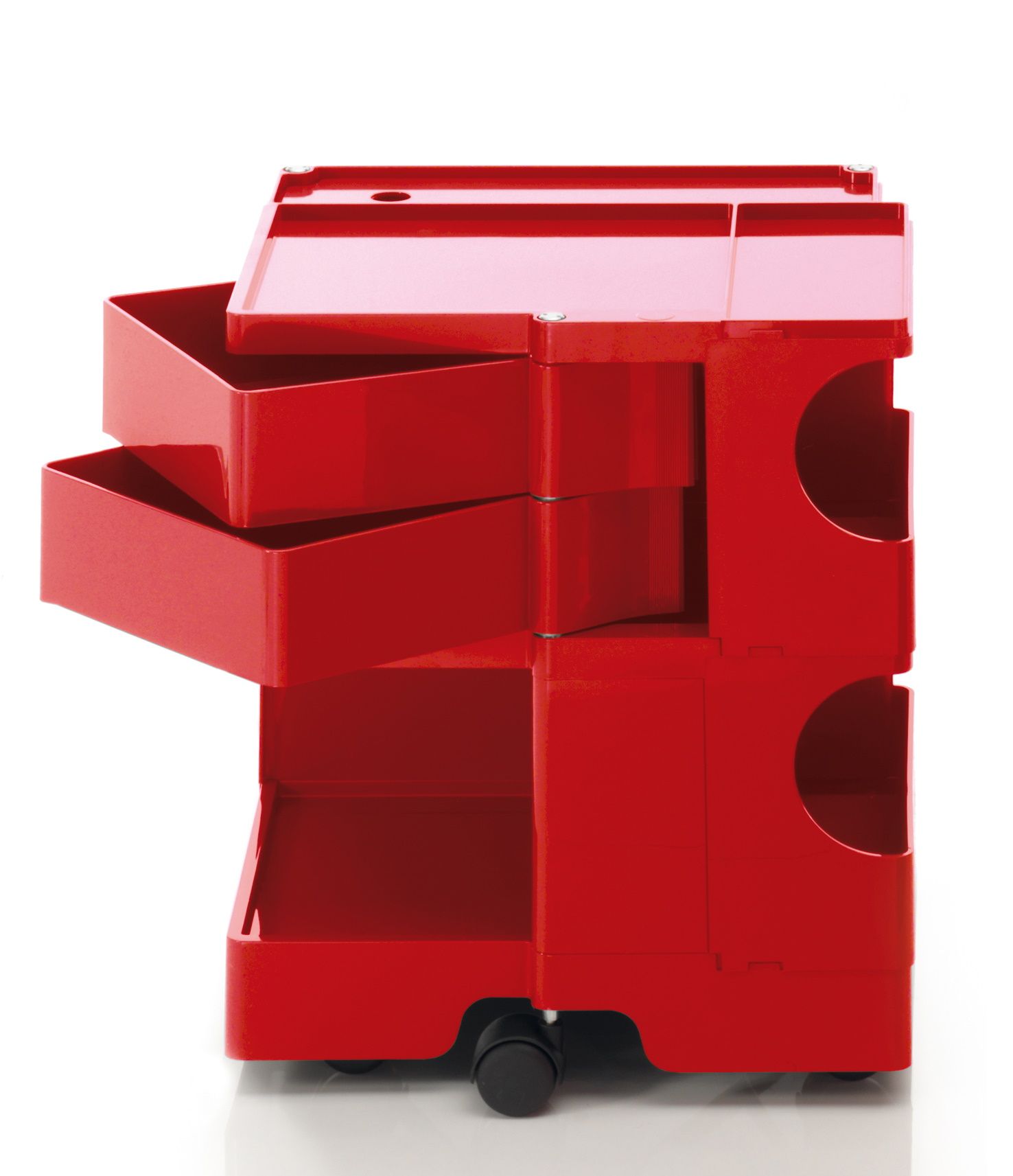 Roter Boby B22 Rollcontainer von B-Line mit Schubladen und Fächern auf Rollen.