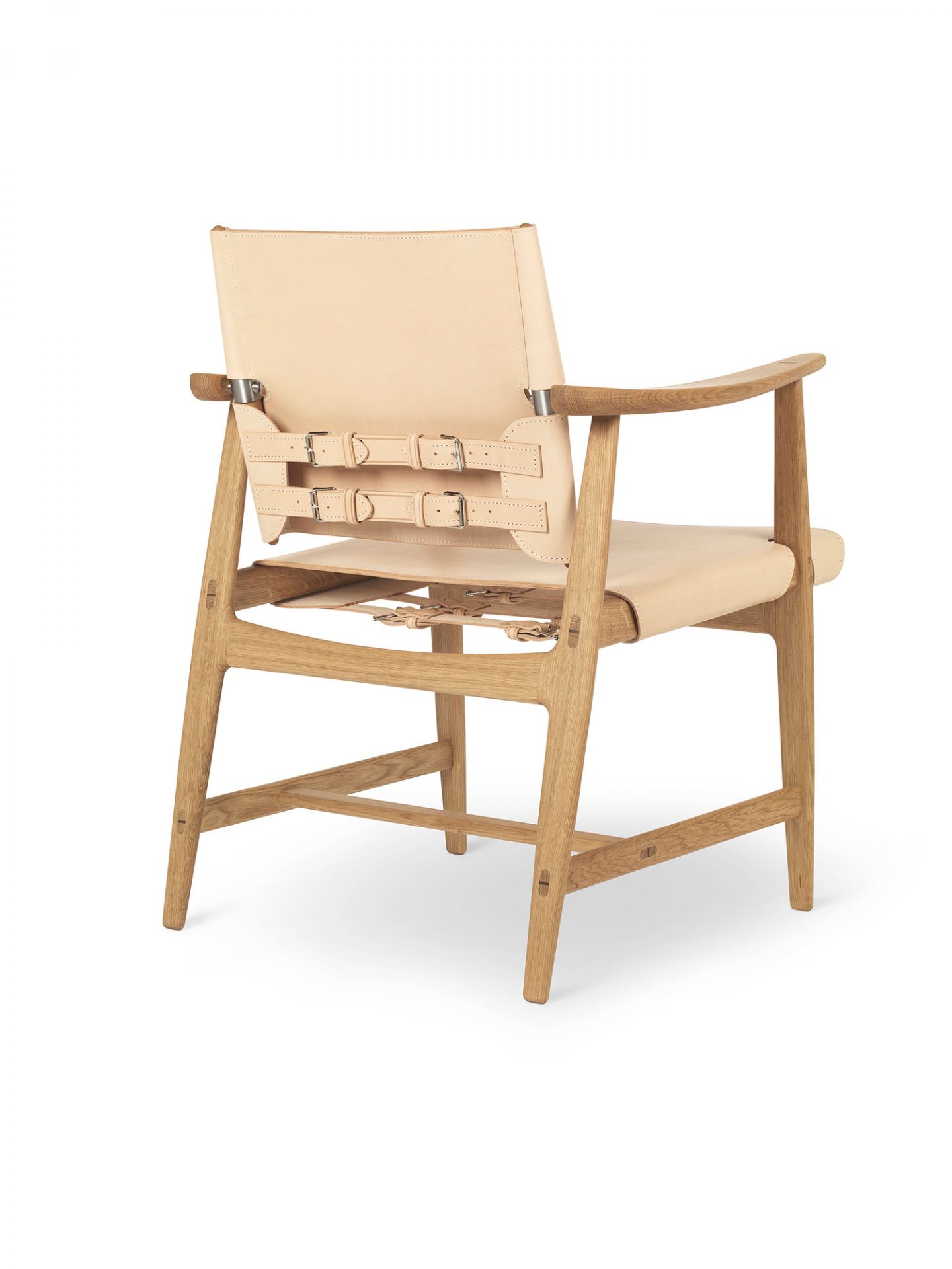 Huntsman Chair: Holzstuhl aus geölter Eiche mit Ledersitz und Rückenlehne, Designstuhl.