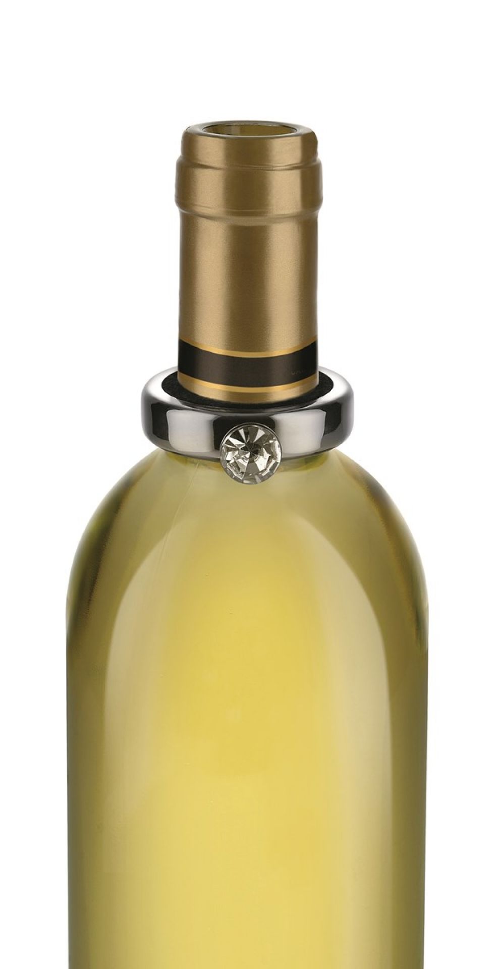 Noè Tropfring von Alessi auf Weinflasche. Silberner Flaschenhalsring mit funkelndem Schmuckstein.