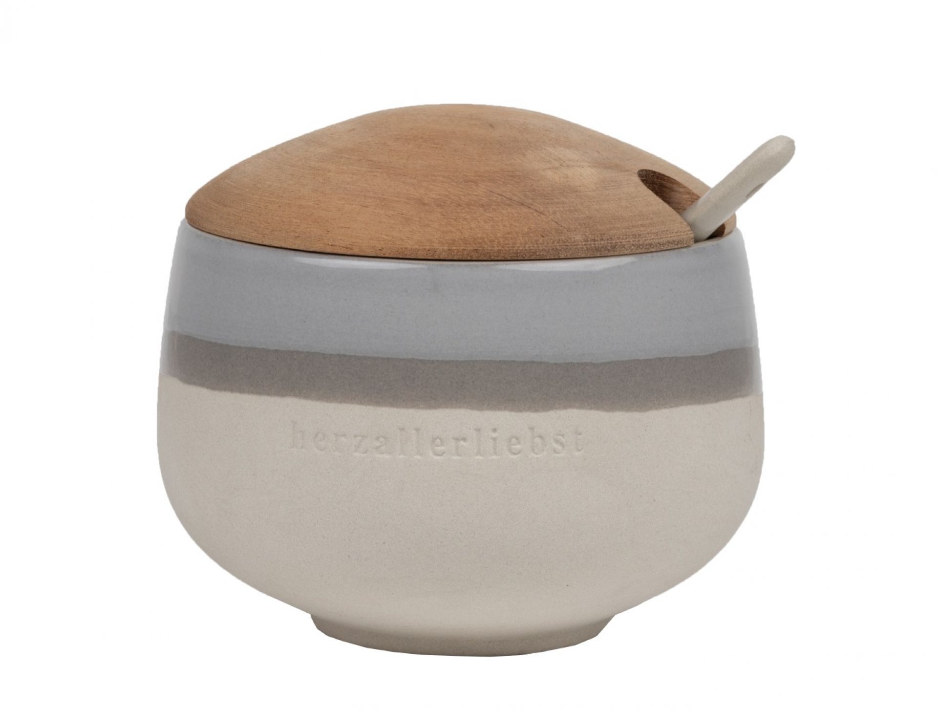 Dining Tischbotschaften Süße Dose Herzallerliebst: Keramikdose mit Holzdeckel und Löffel für Zucker oder Süßigkeiten.