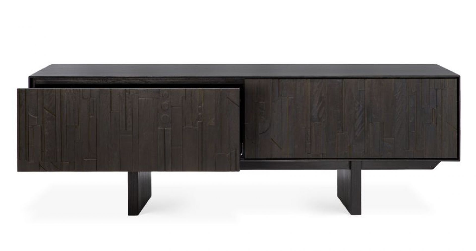 Ethnicraft Mosaic TV Möbel: Dunkles Holz TV-Lowboard mit Schiebetüren und einzigartigem Mosaik-Muster.