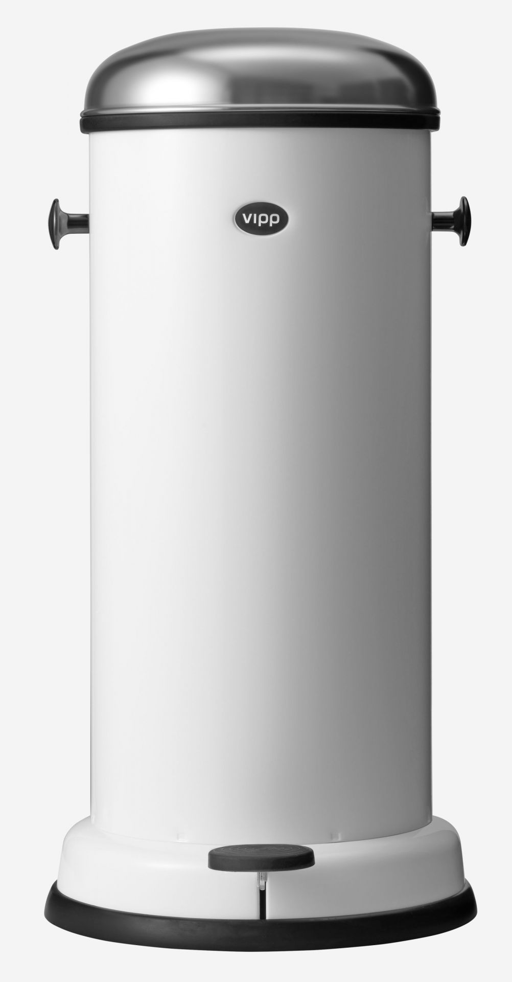Weißer Vipp Treteimer mit Edelstahldeckel, seitlichen Griffen und Fußpedal für hygienische Abfallentsorgung im Badezimmer.
