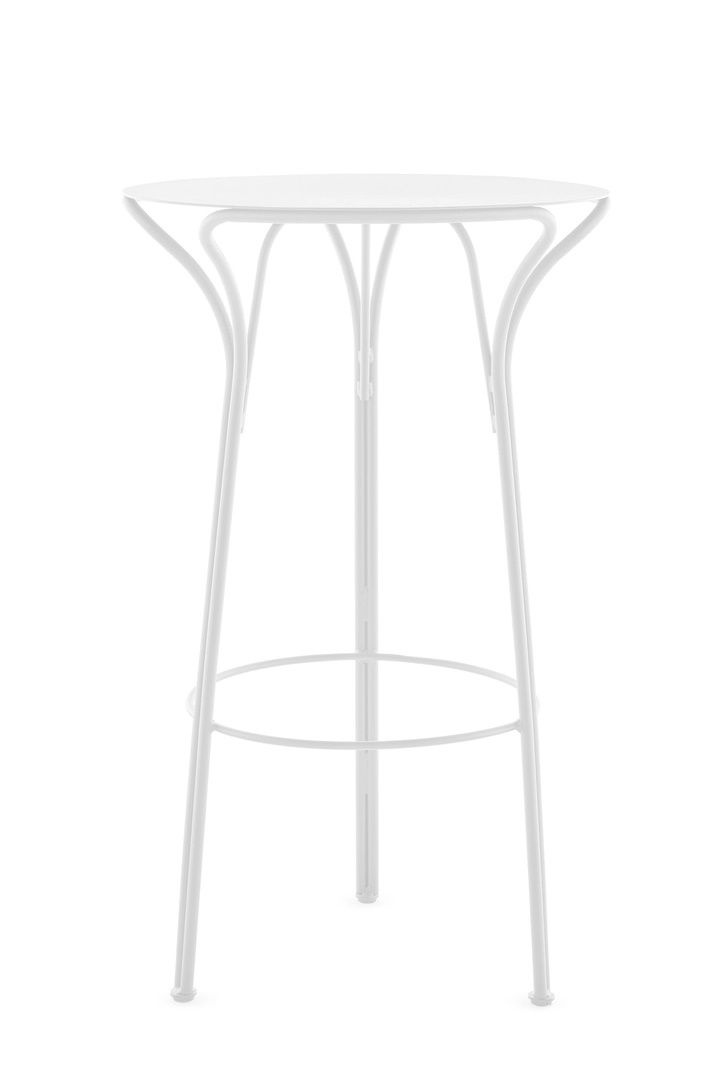Weißer Hiray Hochtisch von Kartell: Moderner Stehtisch mit runder Tischplatte und filigranem Stahlgestell.