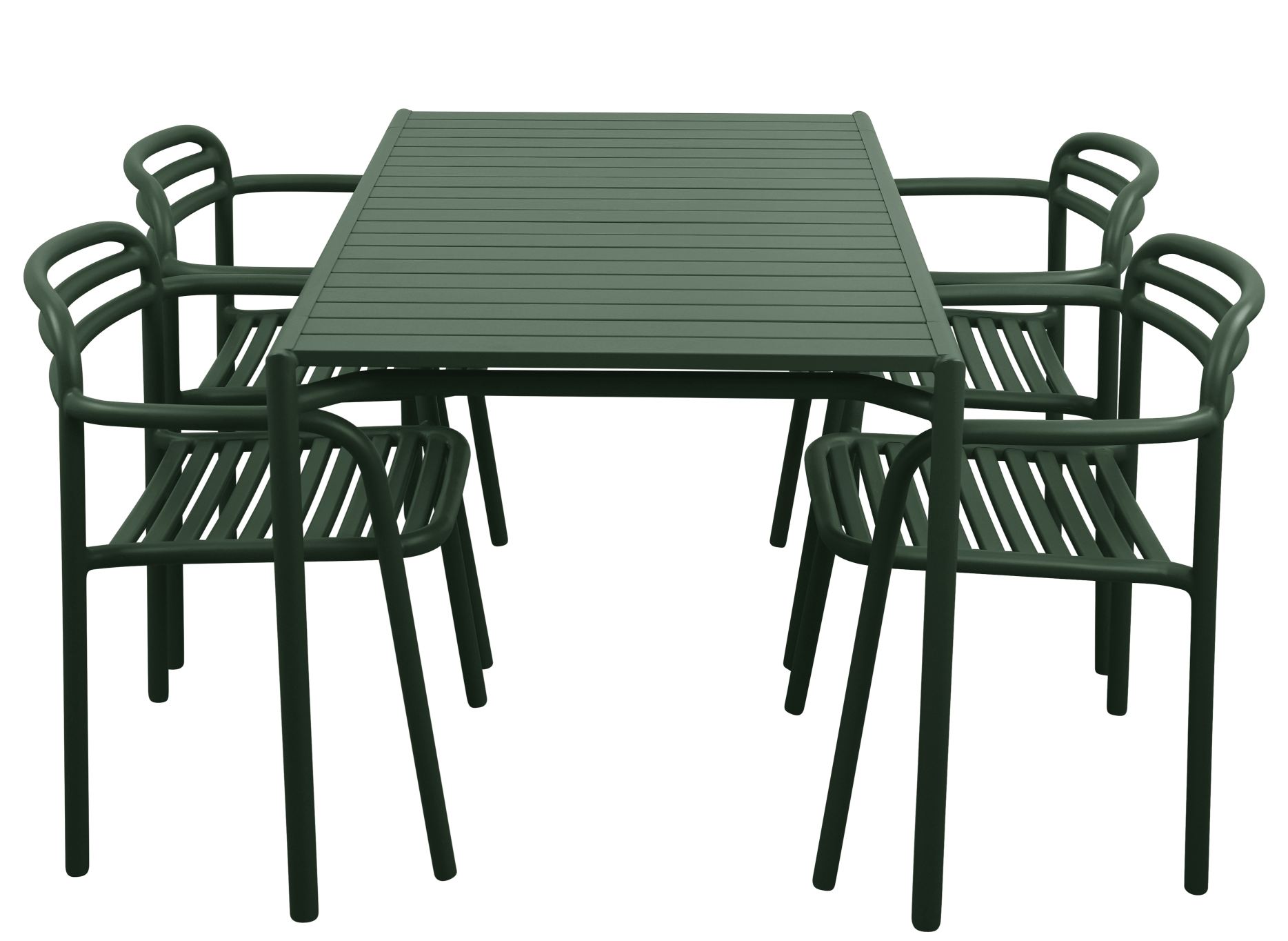 Rechteckiger, grüner Bliss Esstisch von Cane-Line mit vier passenden Stühlen für den Außenbereich.