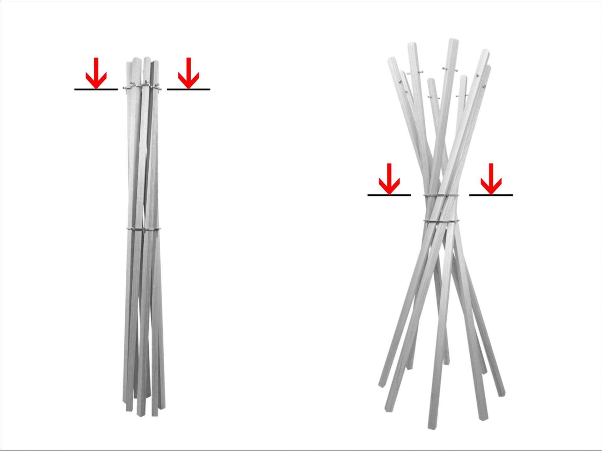 Marilyn Garderobenständer von Keilbach Designprodukte: Vorher-Nachher-Ansicht des Aufbaus mit acht Holzstäben.