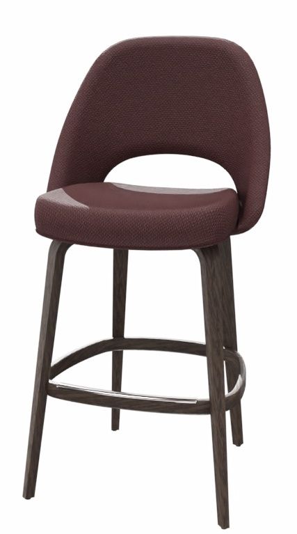 Saarinen Barhocker von Knoll International, brauner Bezug, Holzgestell mit Fußstütze, Höhe 114 cm.