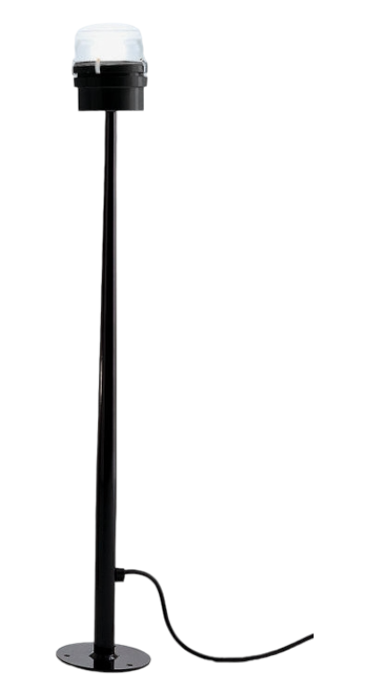 Schwarze Oluce Fresnel Stehleuchte für den Außenbereich, 90 cm hoch, mit klarem Diffusor.