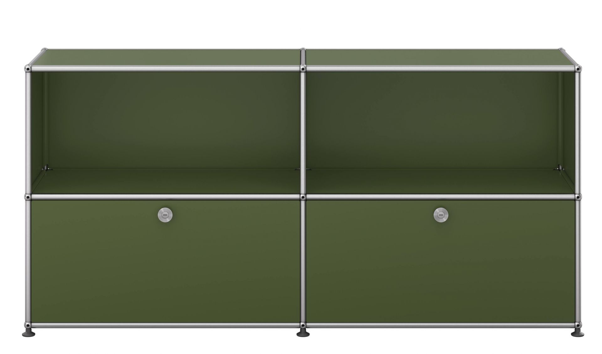 USM Haller Sideboard in Olivgrün mit zwei Klappen, modernes modulares Möbeldesign für Wohnzimmer und Büro.