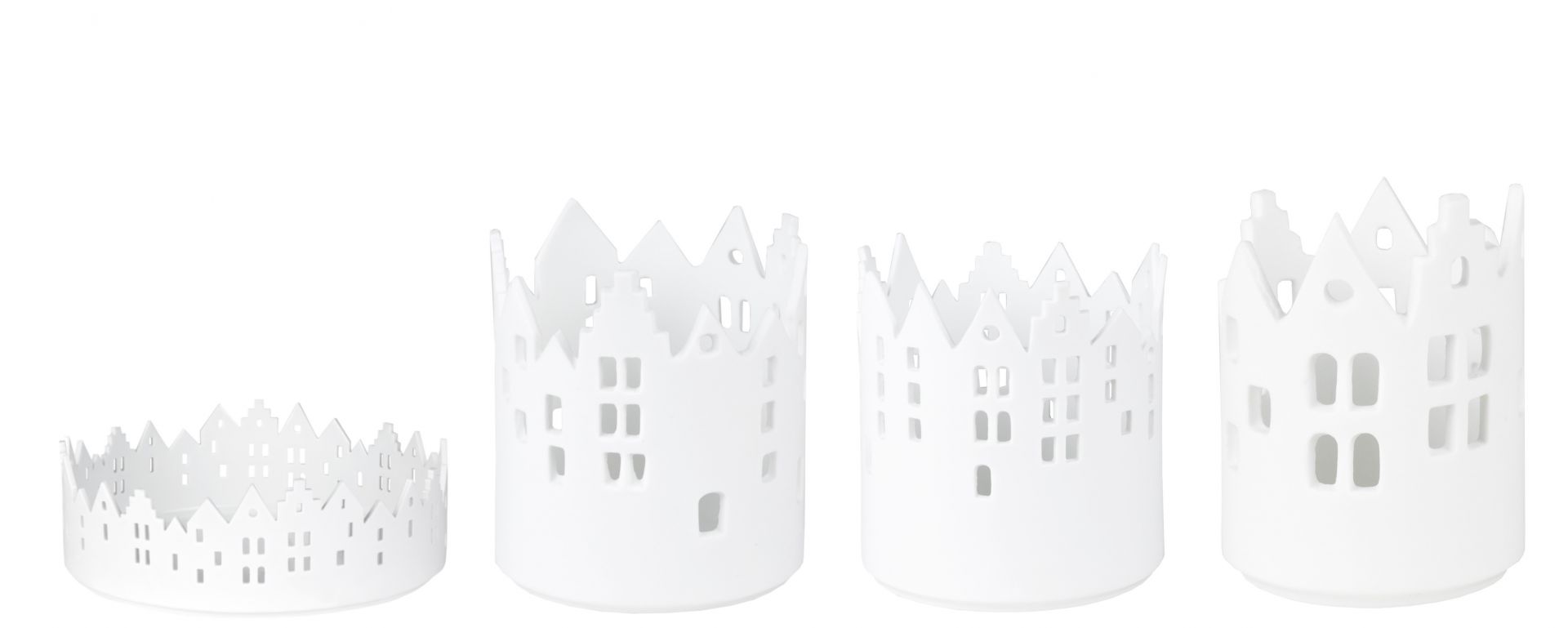 Vier weiße Räder Zuhause Lichthäuser im Stadtlichter Design, dekorative Teelichthalter für stimmungsvolle Beleuchtung.