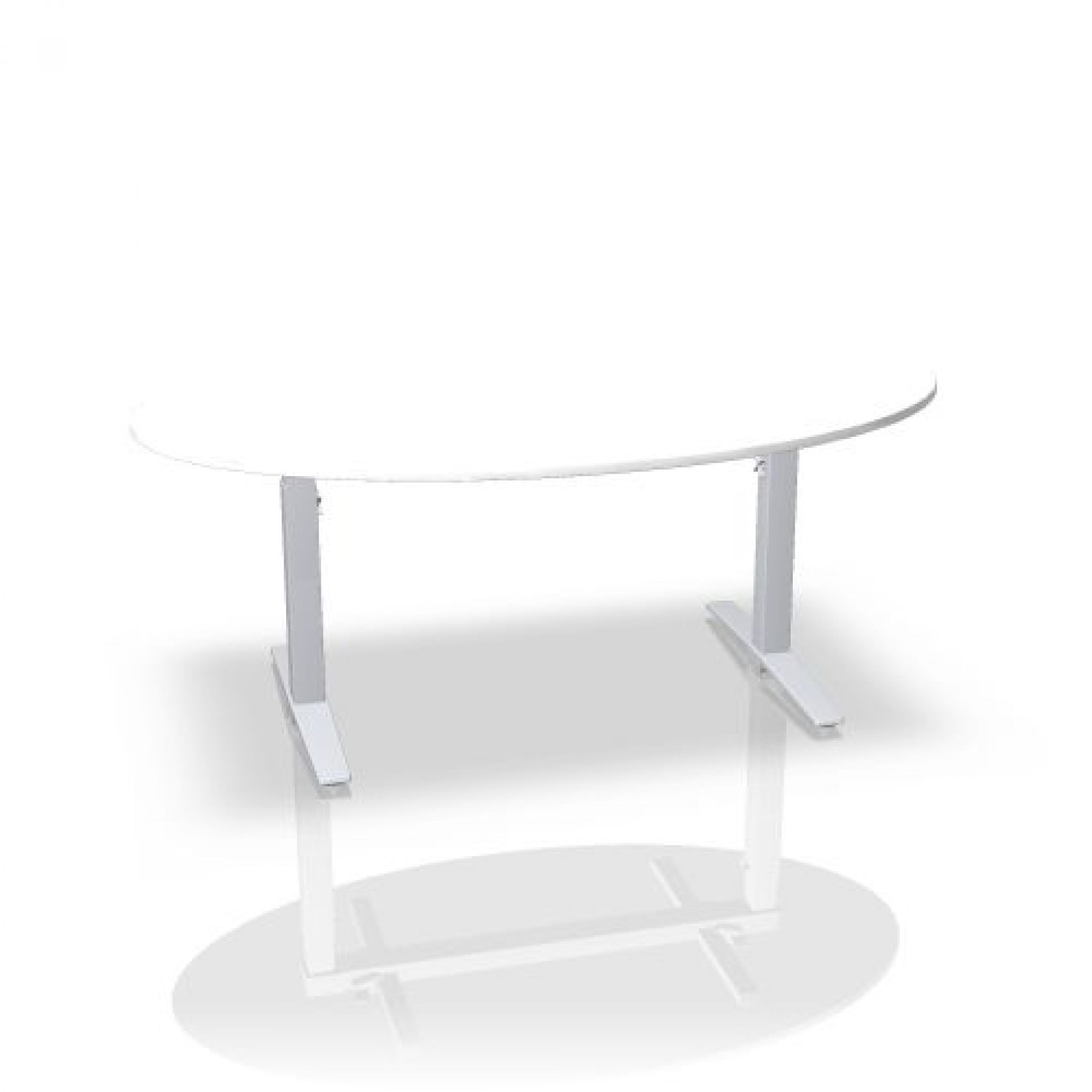 Talo.S Konferenztisch in Ellipsenform von König+Neurath mit weißer Tischplatte und silbernem Gestell.