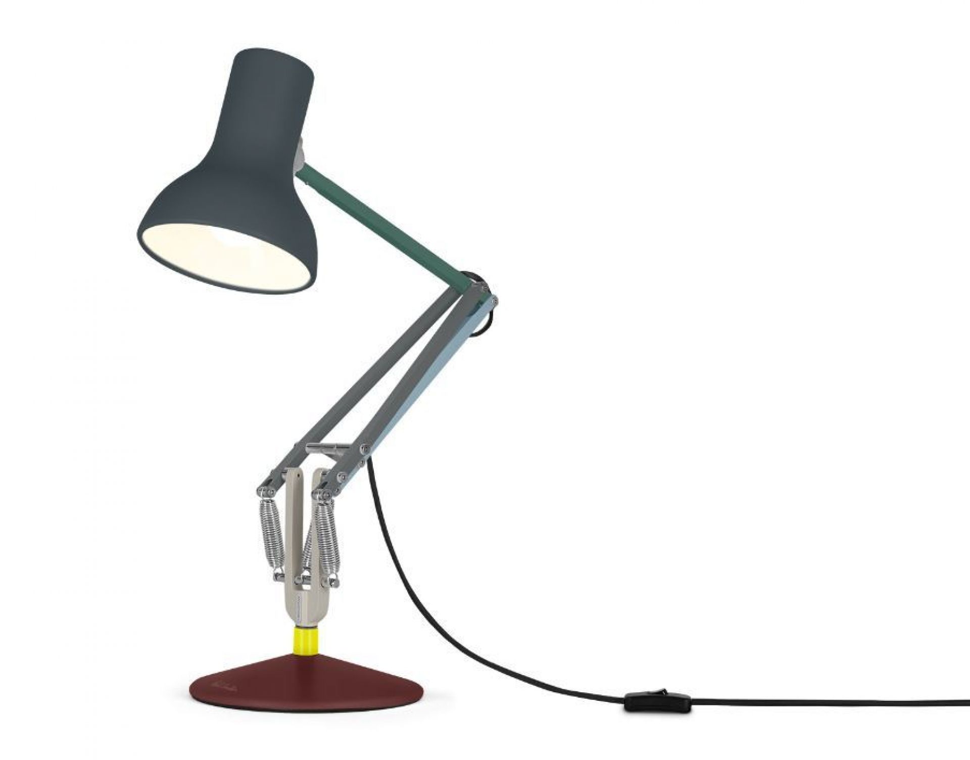 Anglepoise Type 75 Mini Paul Smith Edition 4 Tischleuchte, grauer Lampenschirm, mehrfarbiger Fuß, flexible Schreibtischlampe.