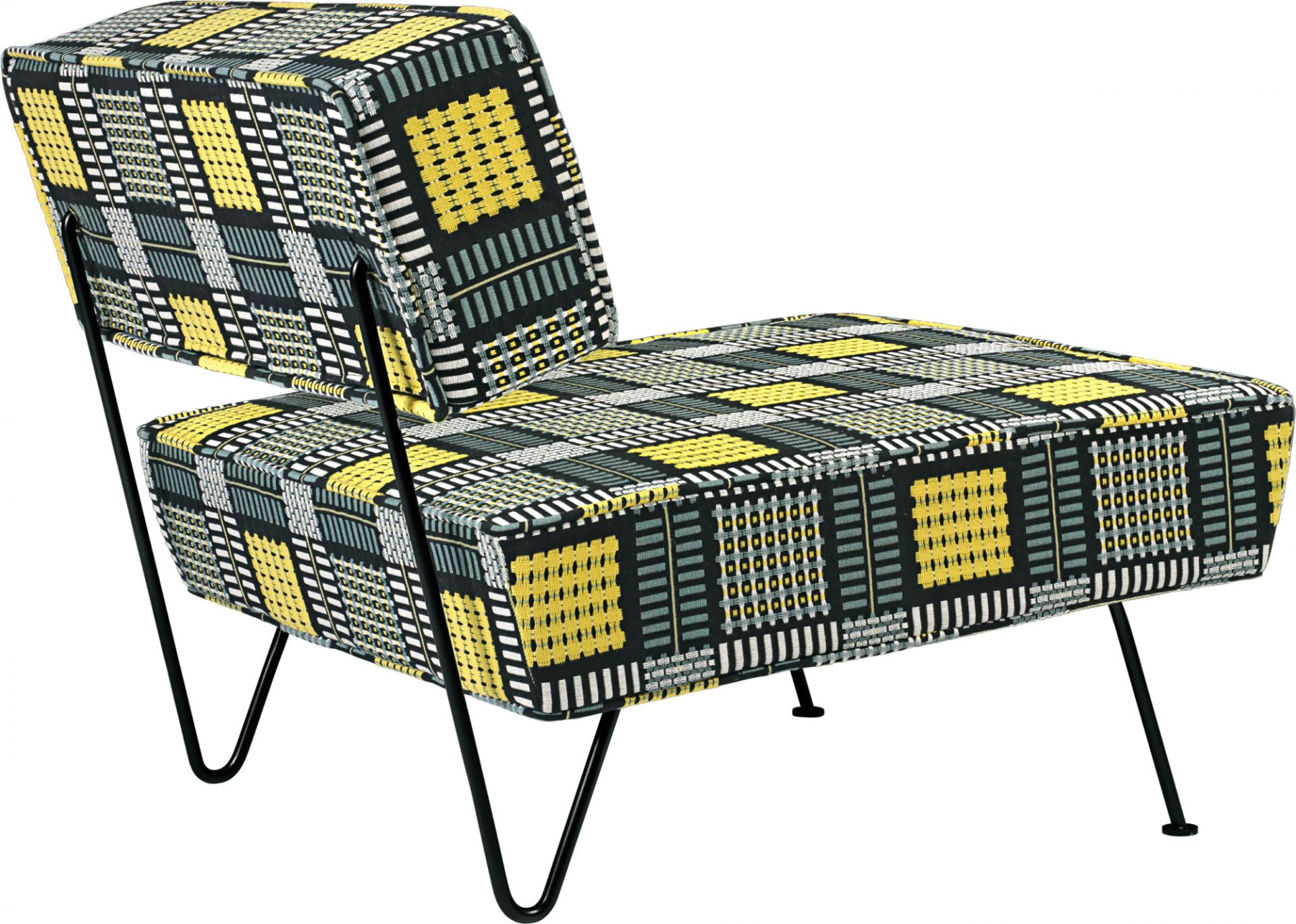 GT Lounge Chair Sessel mit gemustertem Stoffbezug in Gelb, Schwarz und Weiß auf schlanken, schwarzen Beinen.