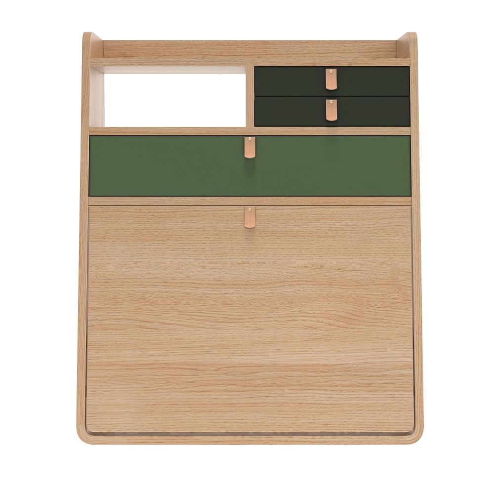 Gaston Wandsekretär von Hartô, Eiche und Grün, mit Klappe und Schubladen für das Homeoffice.
