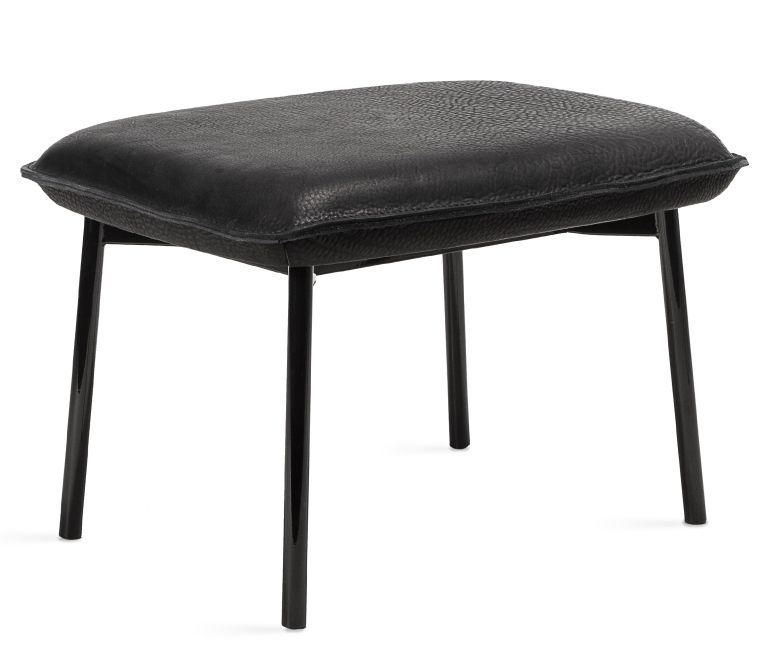 Schwarzer Grace Ottoman von Freifrau Manufaktur mit Lederbezug und filigranem Metallgestell. Fußhocker für Wohnzimmer.