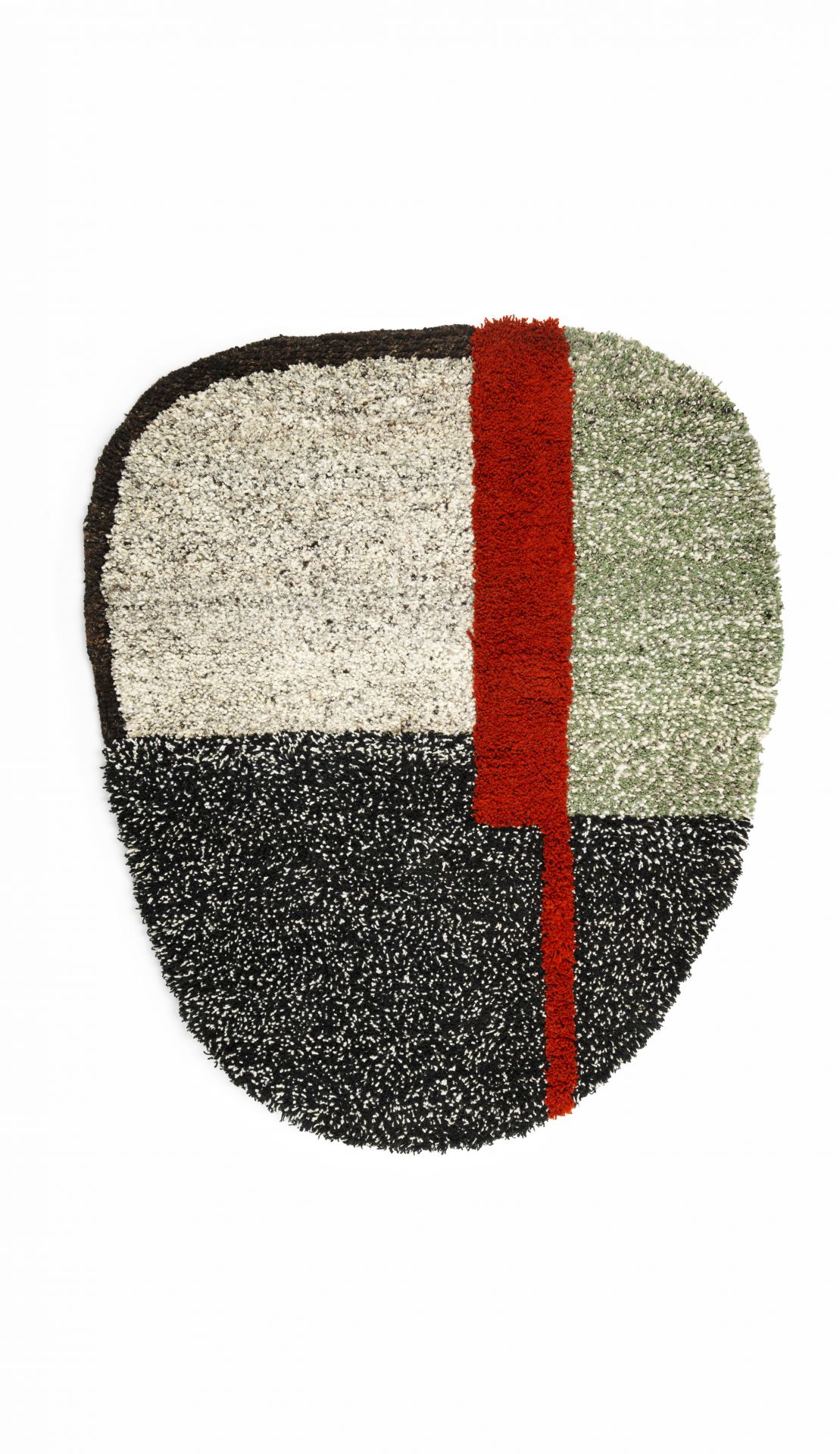 Nudo Teppich von ames, klein, abstraktes Design mit Schwarz, Weiß, Rot und Grün.