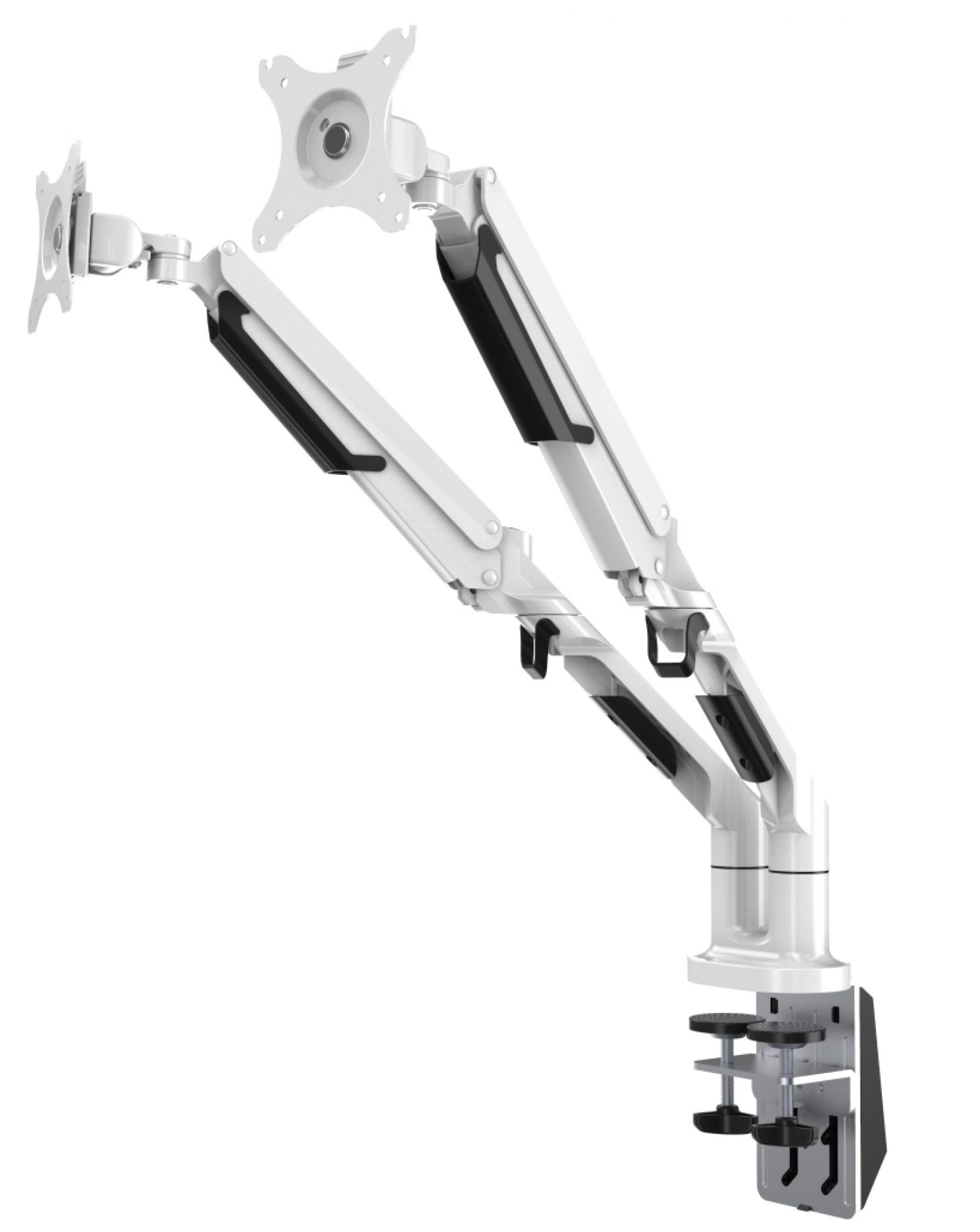 Weißer Monitor Schwenkarm für zwei Monitore, höhenverstellbar und mit Tischklemme zur flexiblen Bildschirmpositionierung.