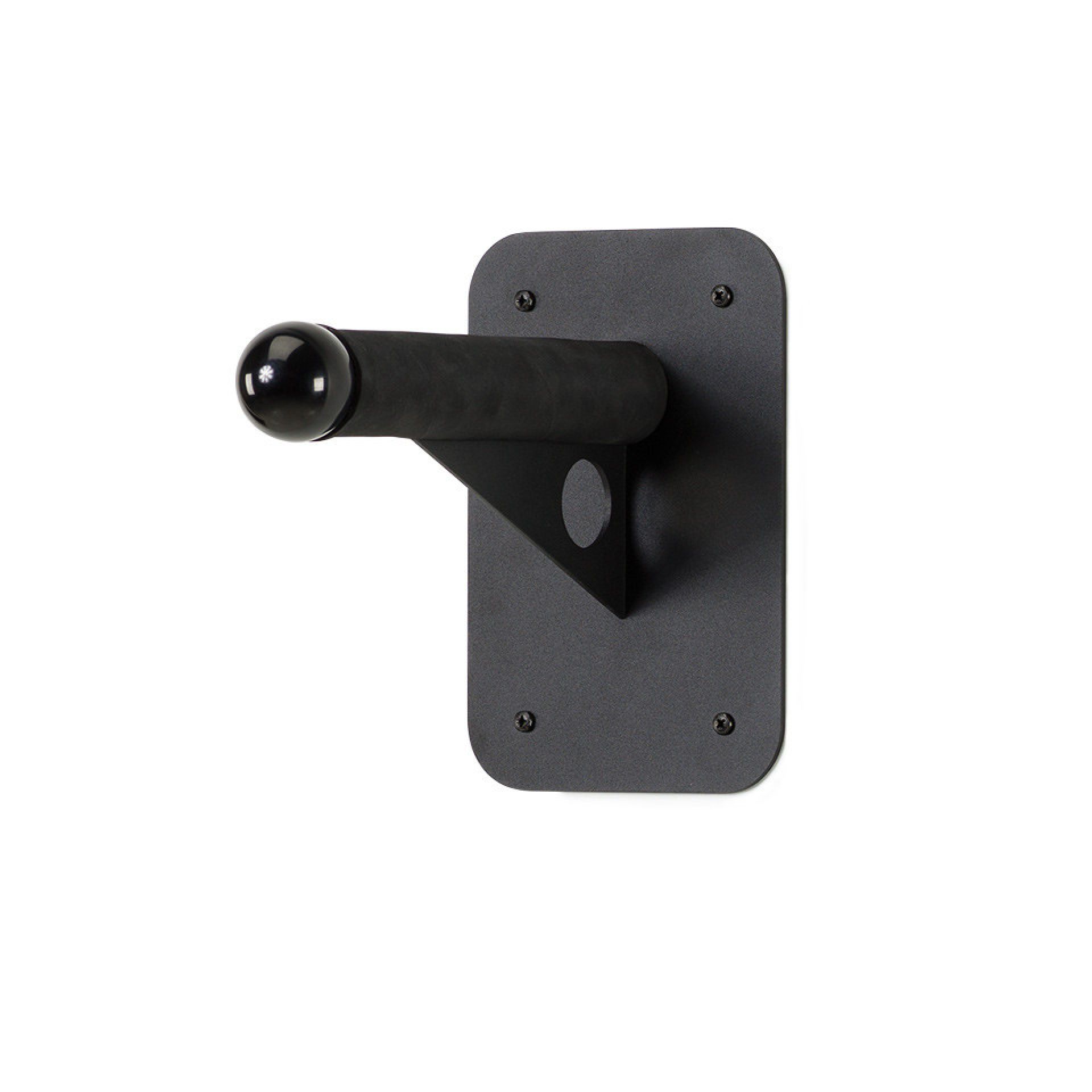 Schwarze Wandhalterung für Lectus Museumshocker zur Aufbewahrung von bis zu fünf Hockern, Detailaufnahme.