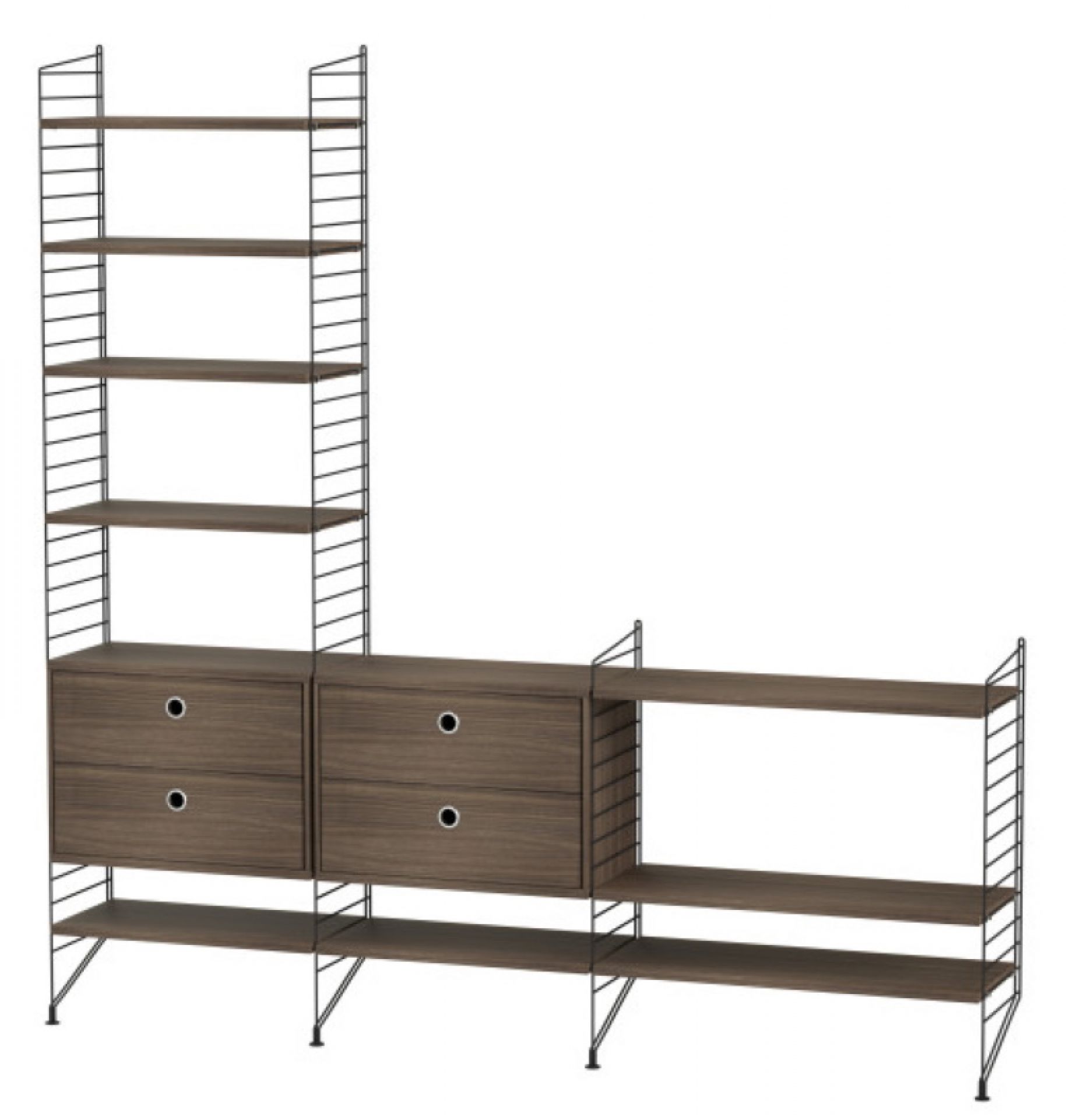 String Regalsystem in Walnuss und Schwarz: Bodenstehendes Wohnzimmerregal mit Schubladen und Regalböden.