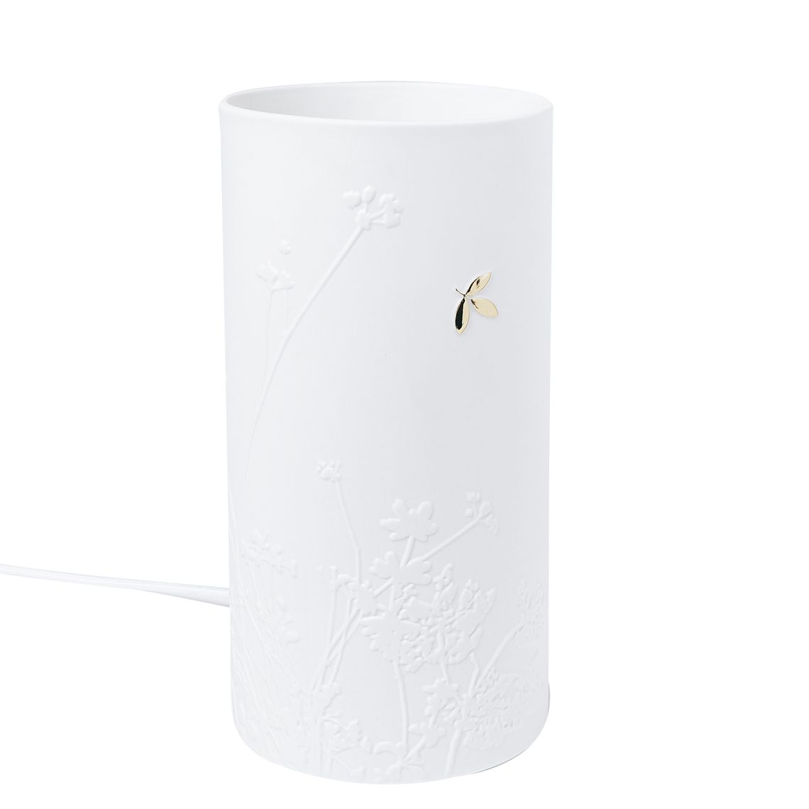 Weiße Porzellanleuchte von Räder mit floralem Muster und goldenem Blattdetail, stimmungsvolle Beleuchtung.