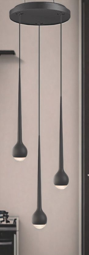 Graue Pendelleuchte mit drei tropfenförmigen Lampen, modernes Design für Wohnzimmer und Esszimmer.