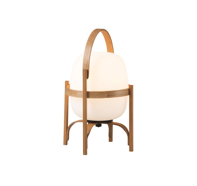 Cestita Batería Akkuleuchte von Santa & Cole: Tragbare Tischlampe mit Holzgestell und warmem Licht.