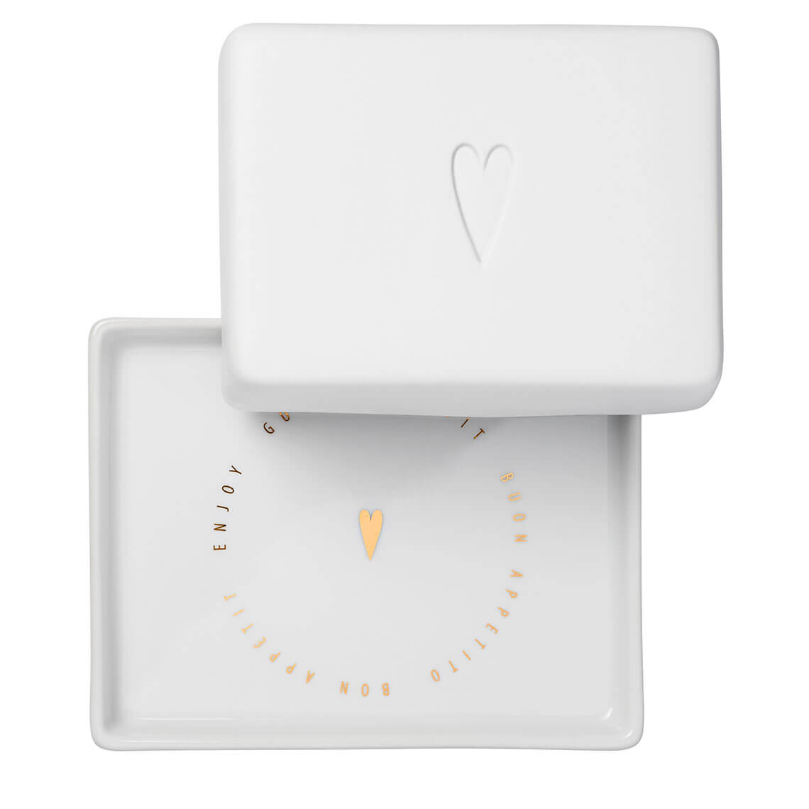 Weiße Räder Butterdose "Guten Appetit Herz" mit Herzmotiv und goldenem Schriftzug. Keramik, stilvoll und dekorativ.