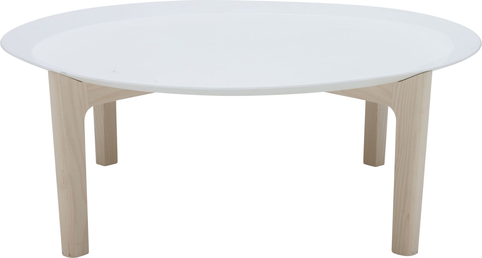 Tray Beistelltisch Softline: Runder, weißer Couchtisch mit Holzbeinen für Wohnzimmer und Lounge.