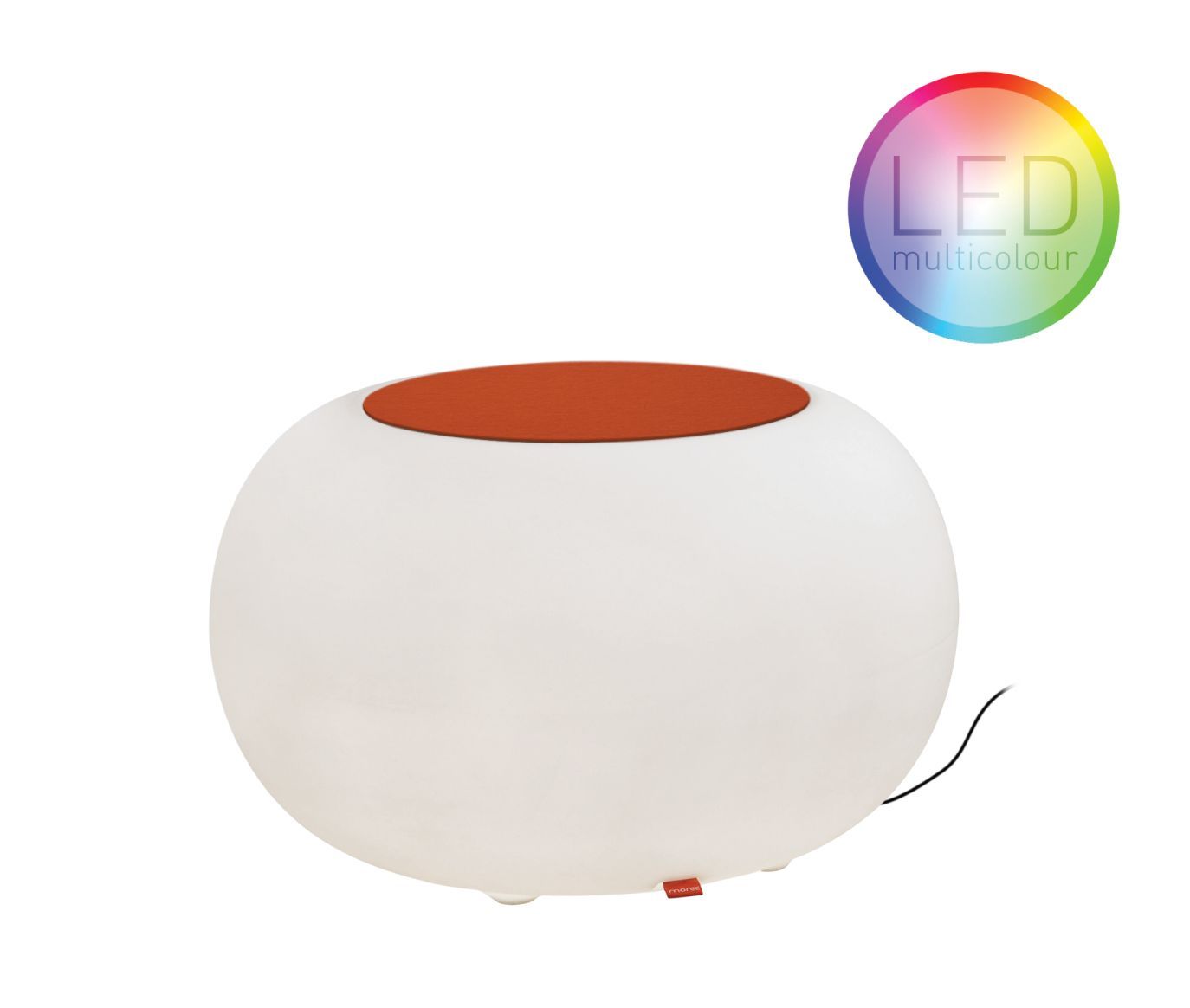 Moree Bubble LED Outdoor Beistelltisch mit orangem Sitzkissen, vielseitige Sitzgelegenheit und Lampe.