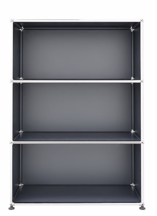 USM Haller Highboard in Anthrazit, offenes Regal mit drei Fächern, modernes Designmöbel für Wohnen und Büro.
