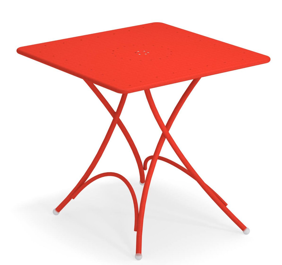 Roter Pigalle Klapptisch von Emu für den Outdoor-Bereich, quadratische Tischplatte und filigranes Gestell.