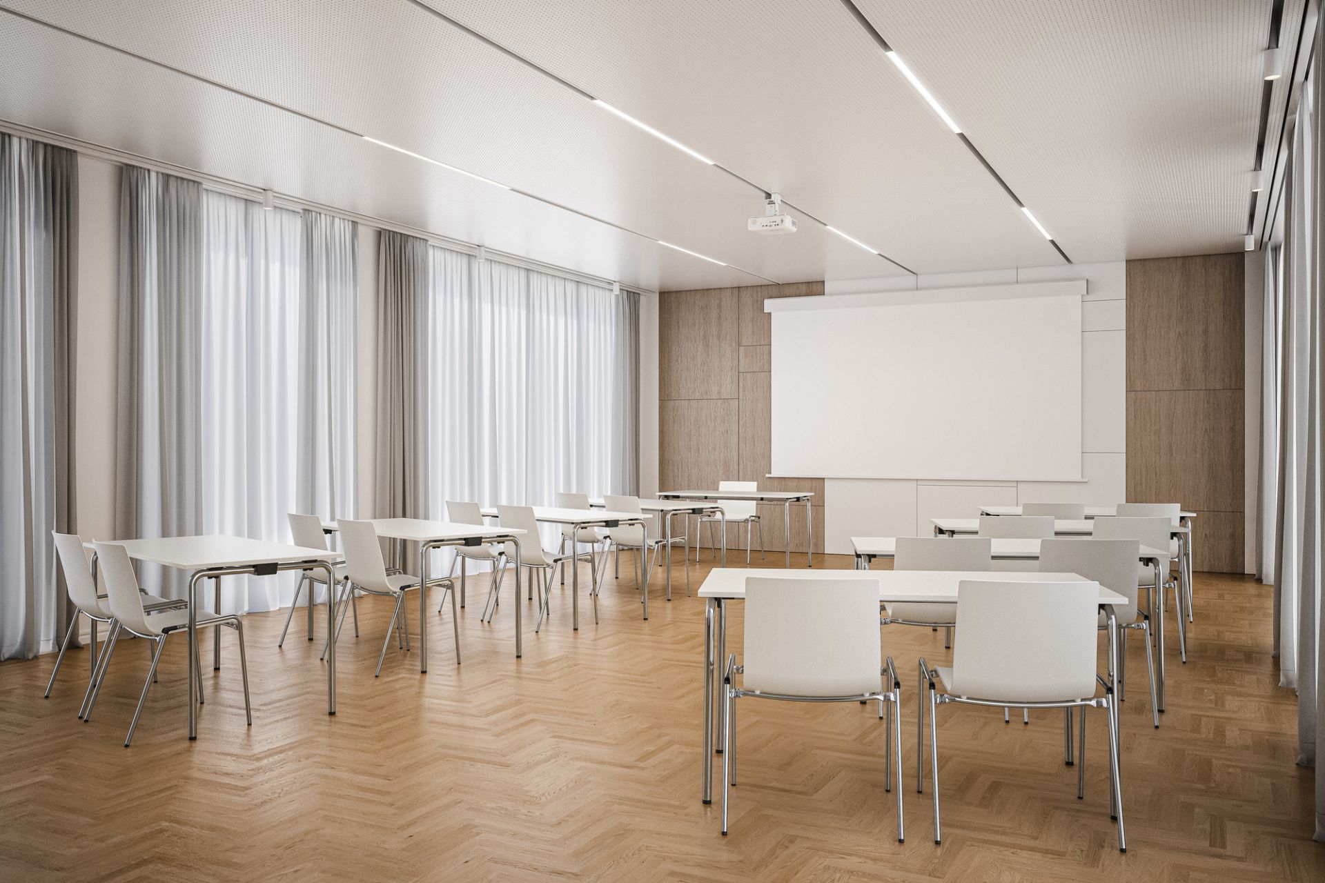 Heller Konferenzraum mit vielen Thonet Klapptischen und Stühlen für Schulungen und Seminare.