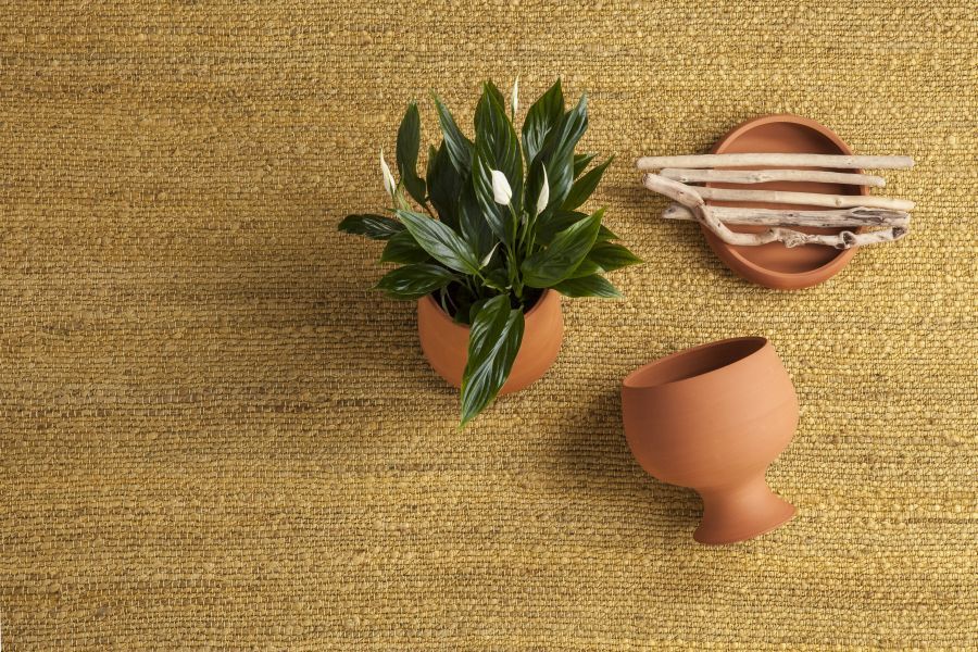 Brauner Nanimarquina Herb Teppich 250x350cm mit Pflanze und Deko, Textur und Farbe im Detail.