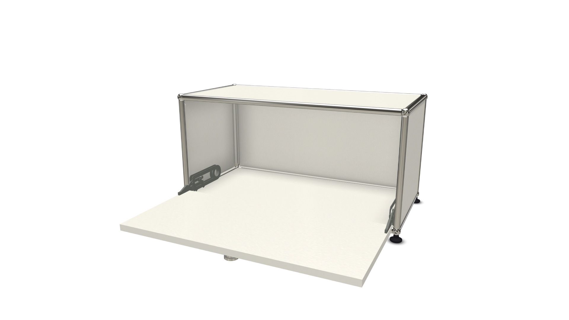 USM Haller Klappe in Weiß geöffnet, Detailaufnahme des Ersatzteils und der Beschläge.