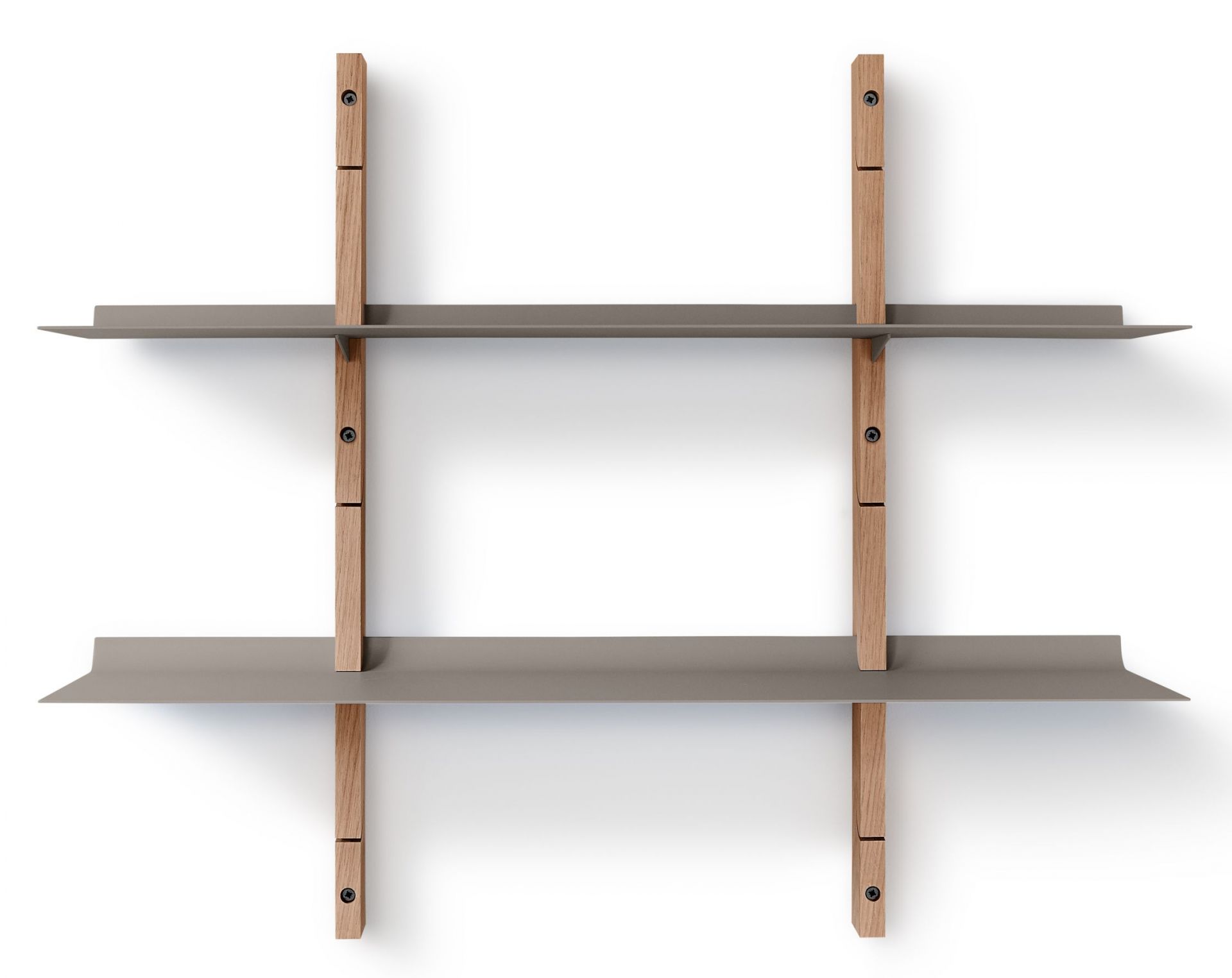 Smile Regal Set Eiche Eva Solo mit zwei grauen Regalböden und Eichenholz-Halterungen.