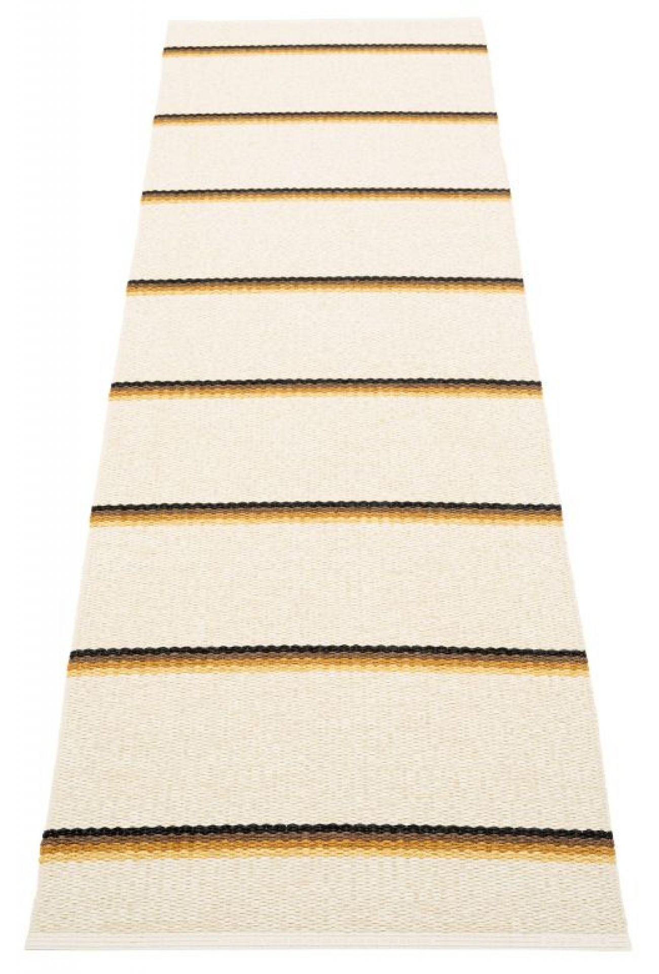Beige Pappelina Olle Kunststoffteppich mit braunen und schwarzen Streifen, Größe 70x240 cm.