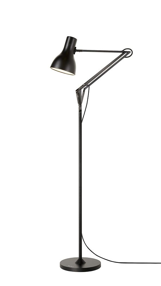 Schwarze Type 75 Anglepoise Stehleuchte mit verstellbarem Arm und Lampenschirm für Wohnzimmer und Büro.