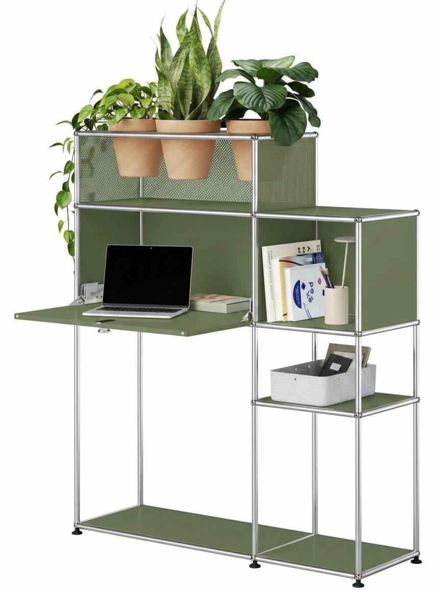 Home Office mit Pflanzenelement USM Haller Olivgrün