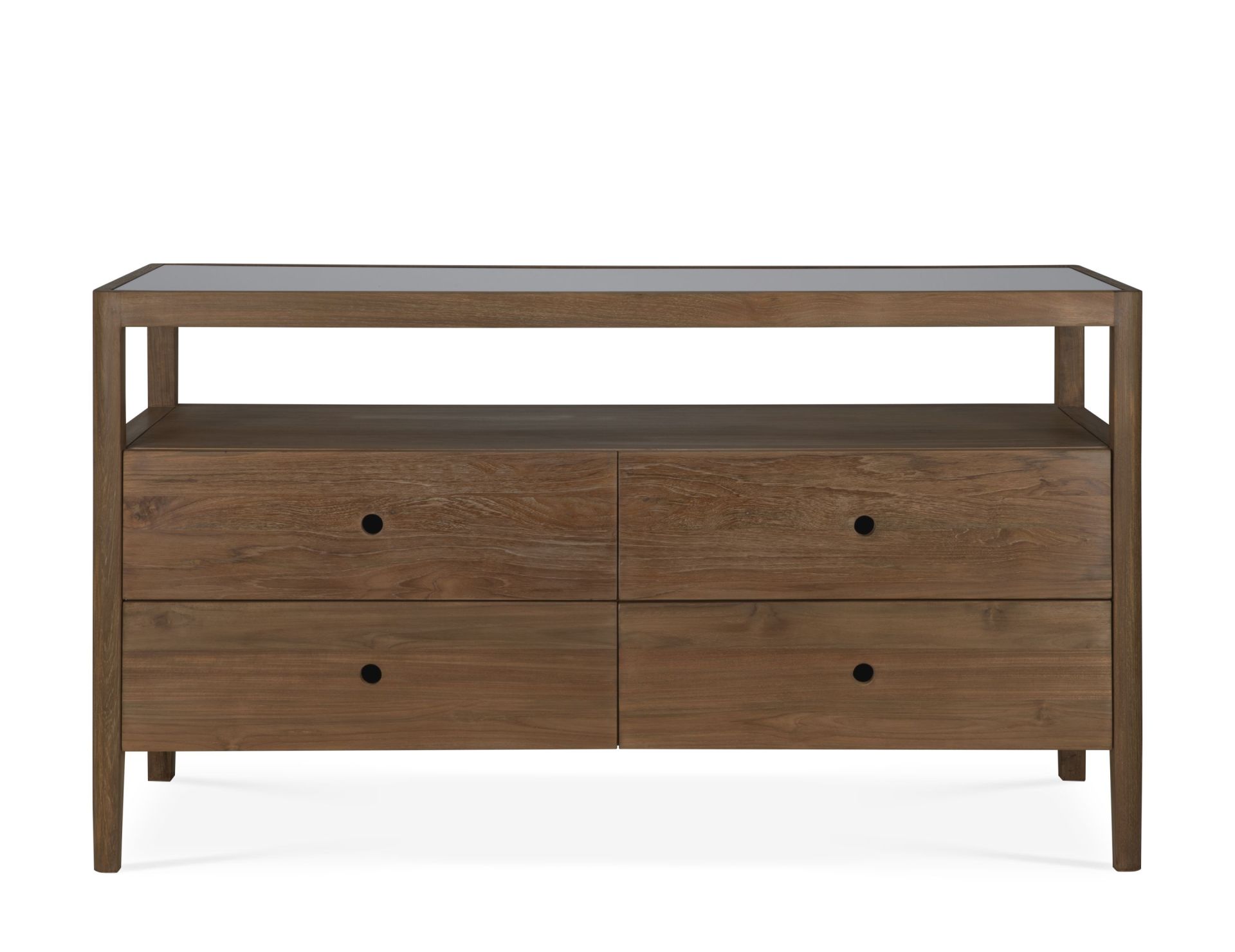 Ethnicraft Spindle Kommode aus Teakholz mit vier Schubladen und Ablagefläche.