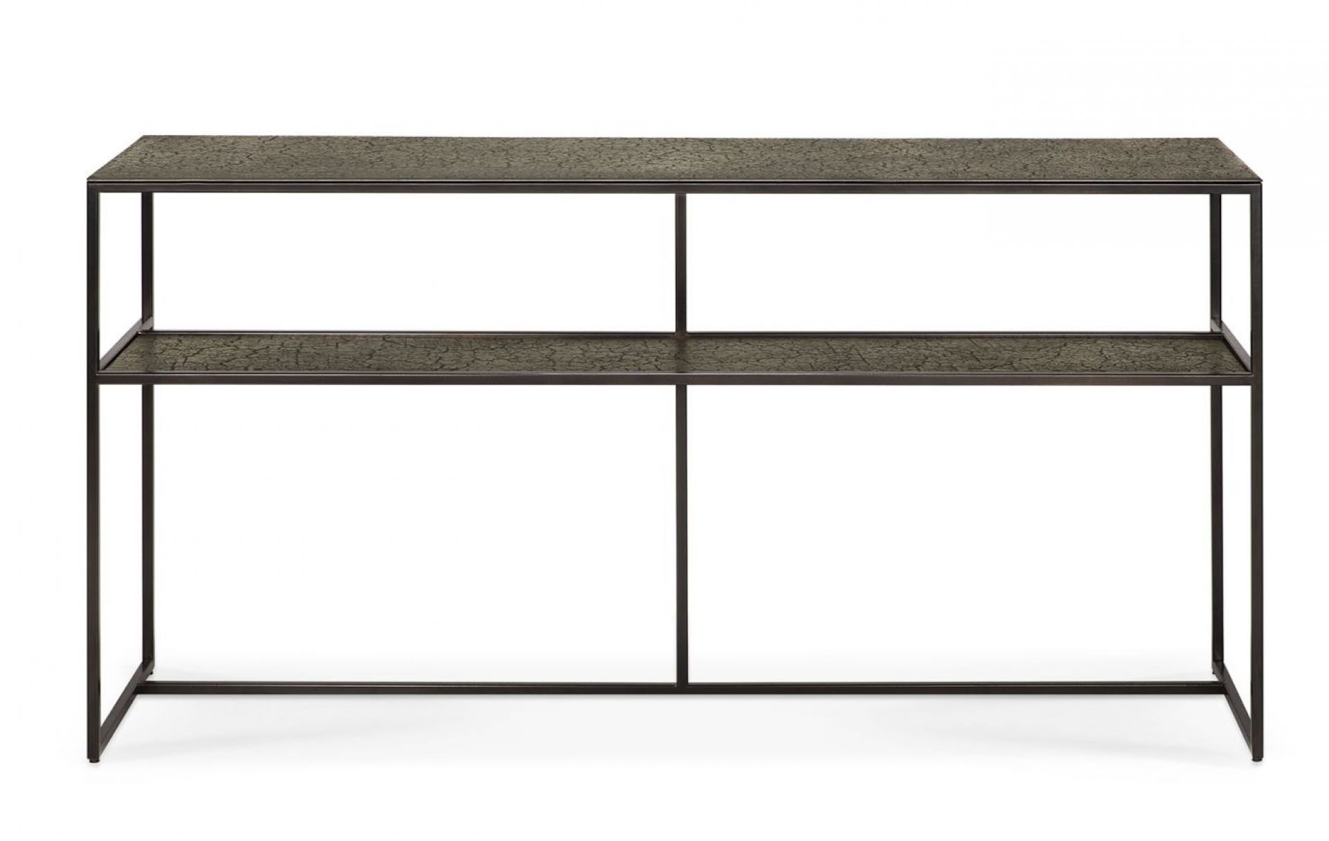 Pentagon Konsole von Ethnicraft in Lava/Whisky: Moderne Konsole mit zwei Ablageflächen und filigranem Metallgestell.