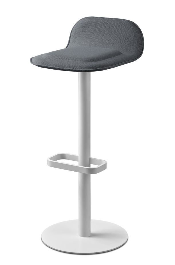 Weißer Dave Barhocker mit anthrazitfarbenem Sitzpolster, Fußstütze und rundem Fuß für Küche oder Bar.